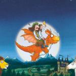 illustration by Axel Scheffler of Zog the dragon flying at sunset with Princess Pearl and Sir Gadabout.